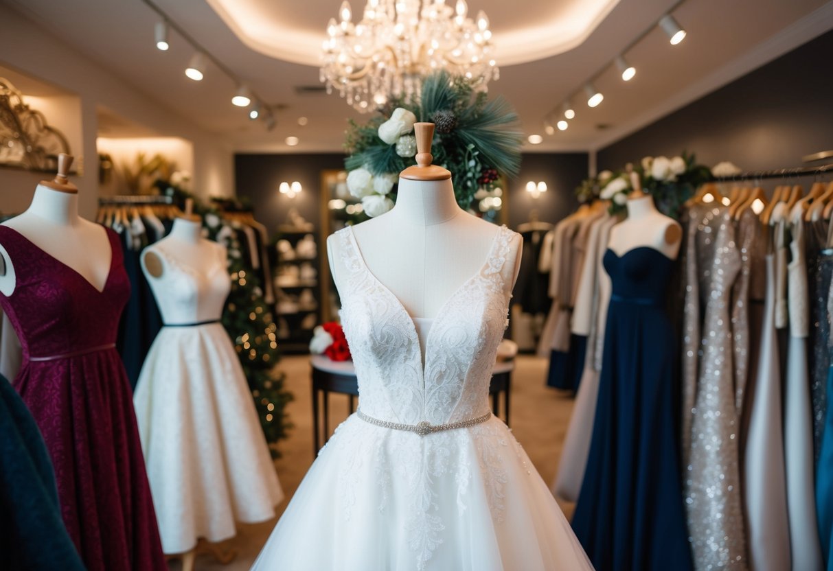 A mannequin wearing a wedding dress in a boutique, surrounded by seasonal attire