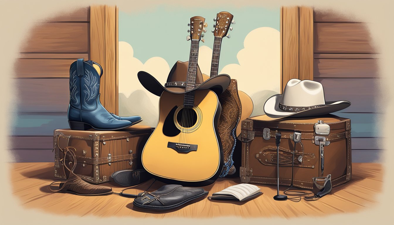 A cowboy hat resting on a guitar case, surrounded by cowboy boots and a microphone stand on a stage