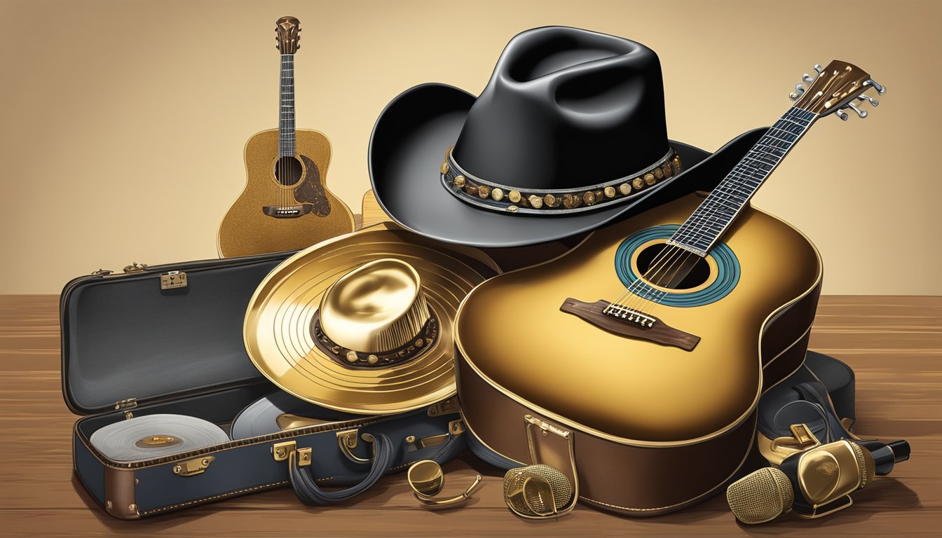 A cowboy hat resting on a guitar case, surrounded by gold records and a vintage microphone