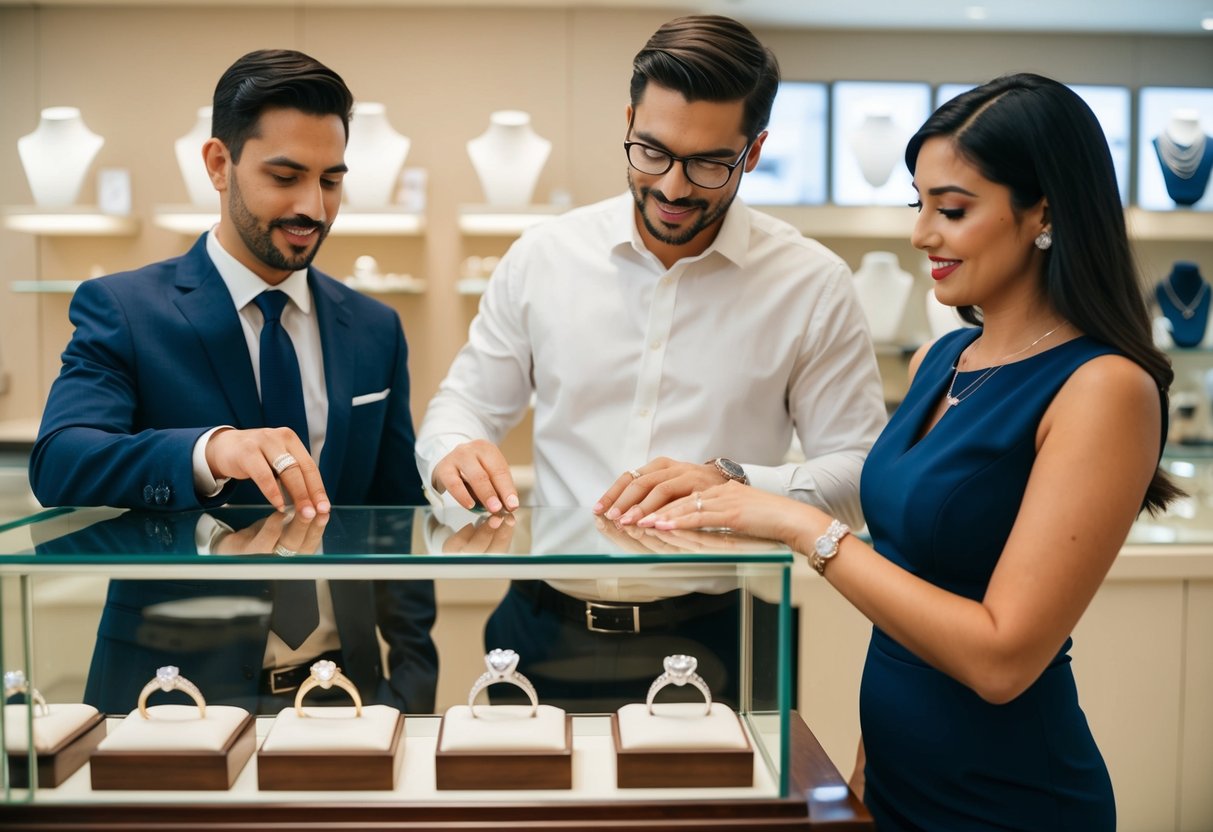 A man and a woman stand at a jewelry store counter, examining wedding rings displayed in a glass case. The store clerk assists them in making their selection