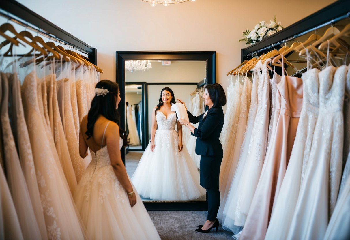 A bride standing in a bridal boutique, surrounded by racks of wedding dresses. A salesperson holds up a gown while the bride looks at herself in the mirror