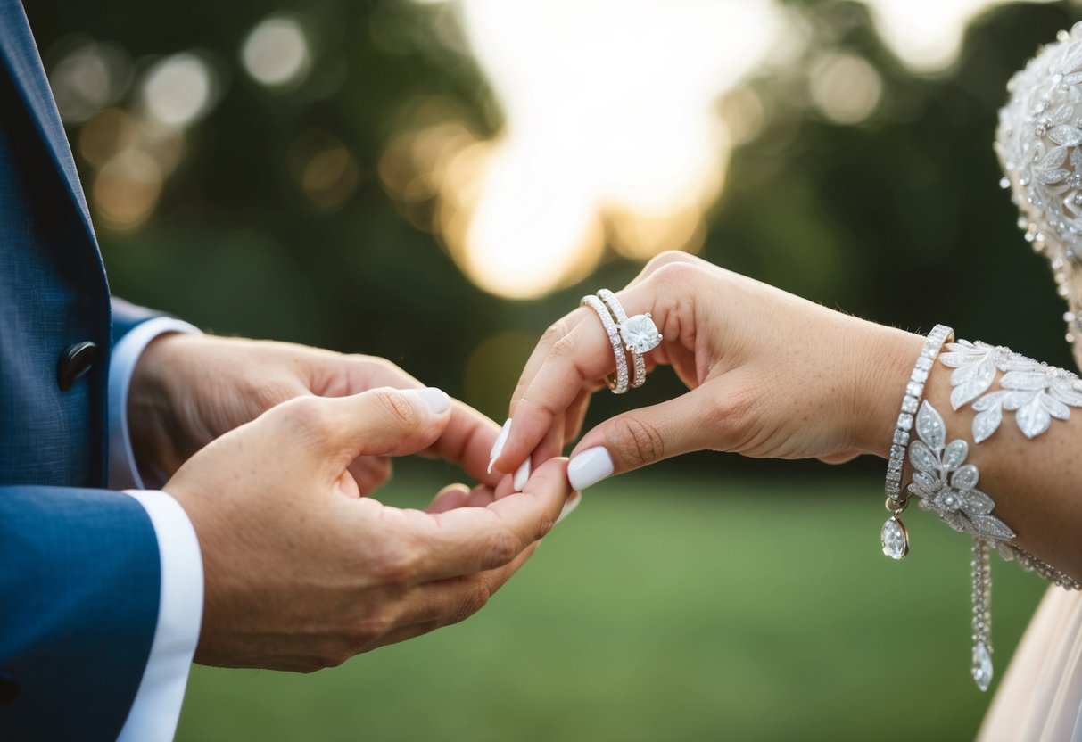 A couple's hands exchanging wedding rings