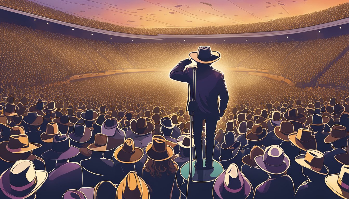 A lone microphone stands on a brightly lit stage, surrounded by a sea of cheering fans waving cowboy hats