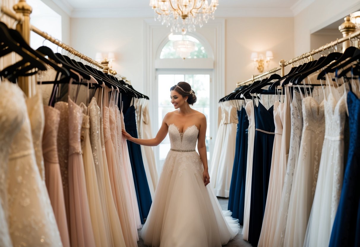A bride browsing through racks of wedding dresses in a boutique, surrounded by soft lighting and elegant decor