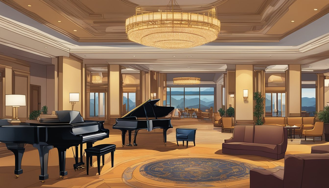 A bustling Vegas hotel lobby with a grand piano, concierge desk, and luxurious amenities. A sign advertises "Additional Services and Amenities" for a George Strait concert