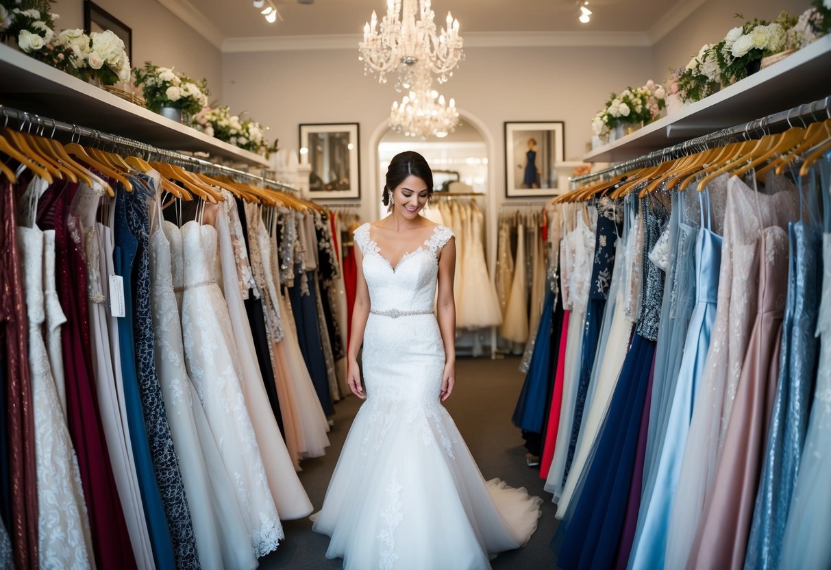 A bride-to-be browsing through racks of wedding dresses in a boutique, surrounded by various styles and designs