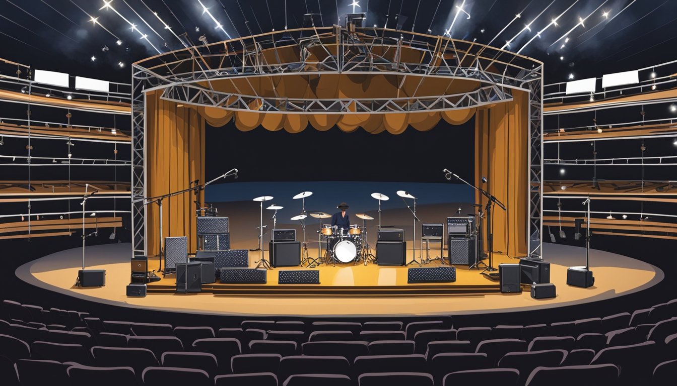 A stage with instruments, microphones, and spotlights set up for a George Strait concert in Ames, Iowa