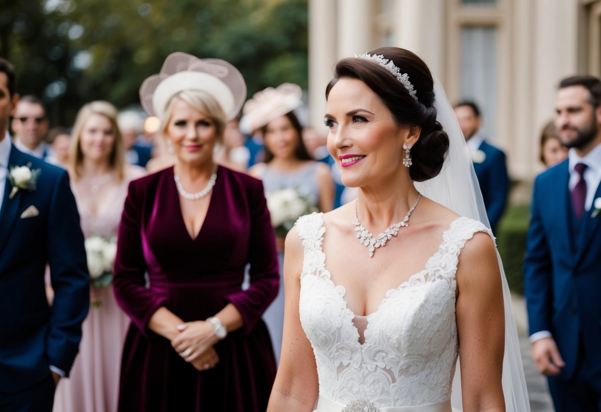 The bride's mother should wear a sophisticated dress in a complementary color to the wedding palette, such as a rich navy blue or elegant burgundy