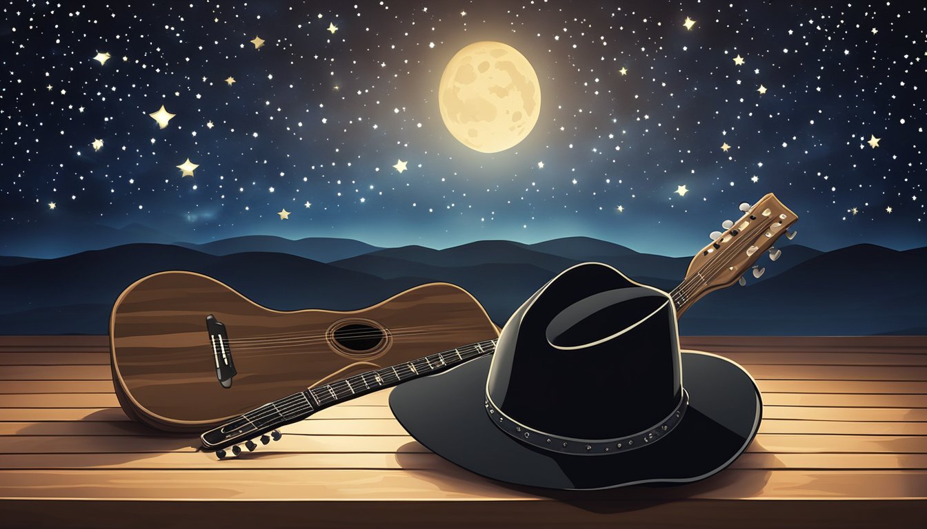 A cowboy hat and guitar lay on a wooden stage, surrounded by flickering stage lights and a backdrop of a starry night sky