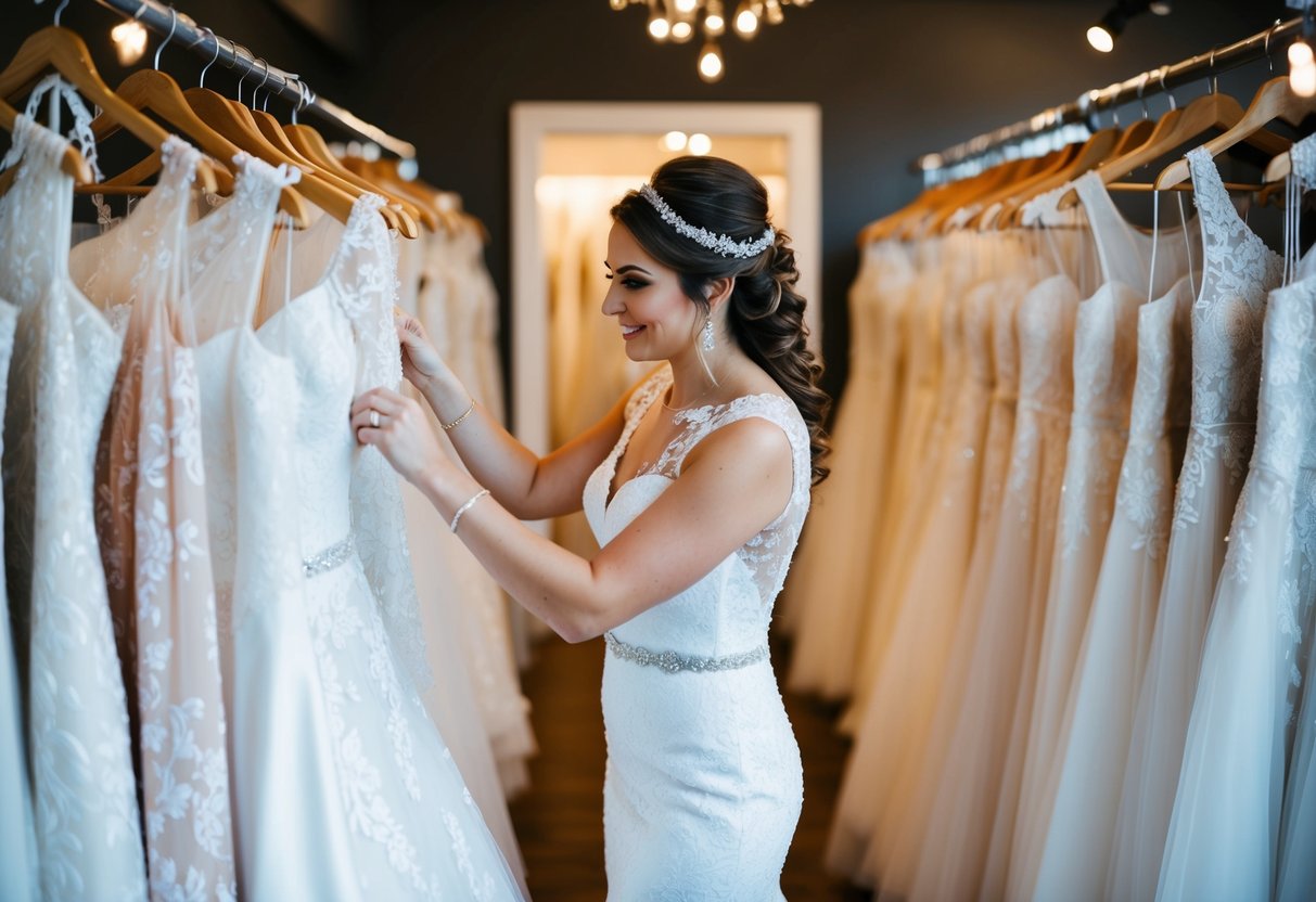 A bride-to-be browsing through racks of wedding dresses in a boutique, admiring the intricate lace and delicate beadwork