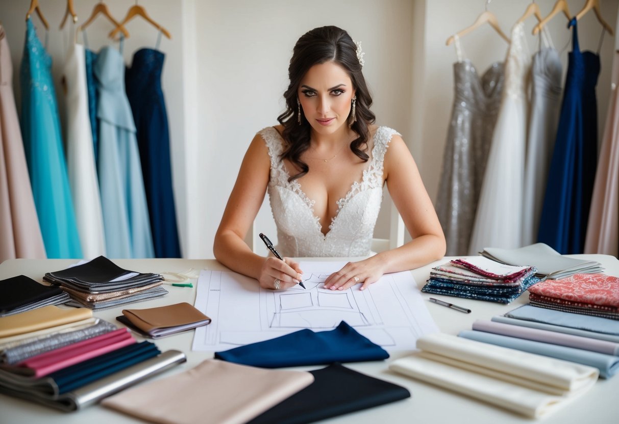 A bride-to-be sits at a table surrounded by fabric swatches, sketching out dress designs with a look of determination on her face