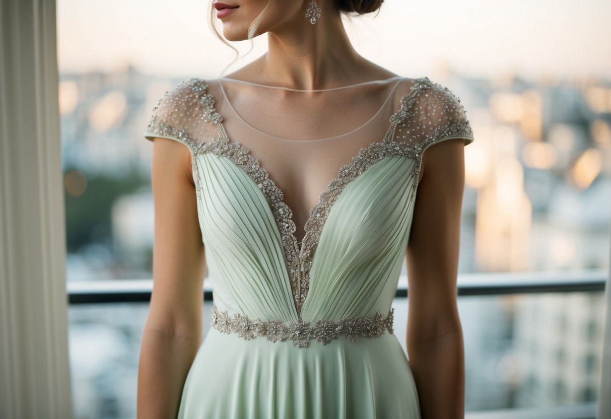 A elegant woman's dress in a soft, pastel color, with delicate lace or beaded details
