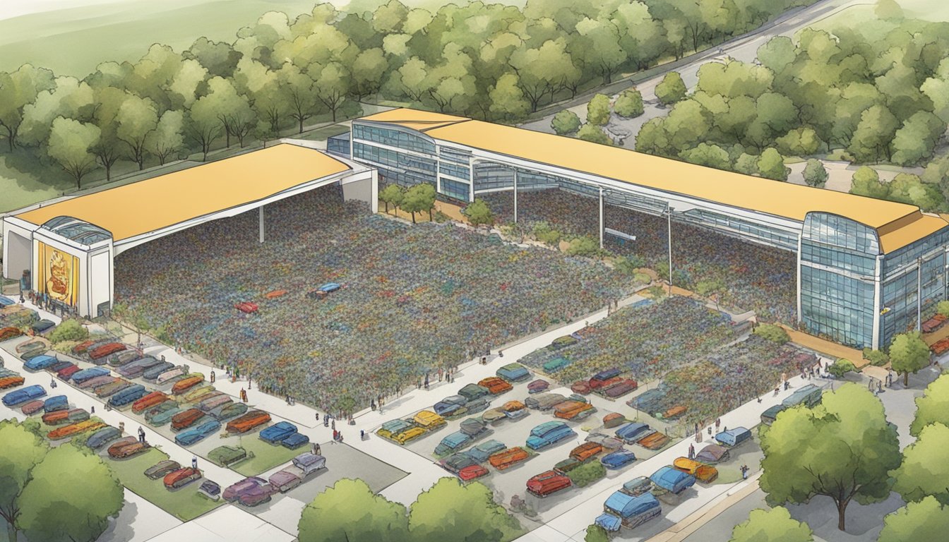 Cars fill a large parking lot at Iowa State University for a George Strait concert. Attendees walk towards the venue, surrounded by trees and buildings