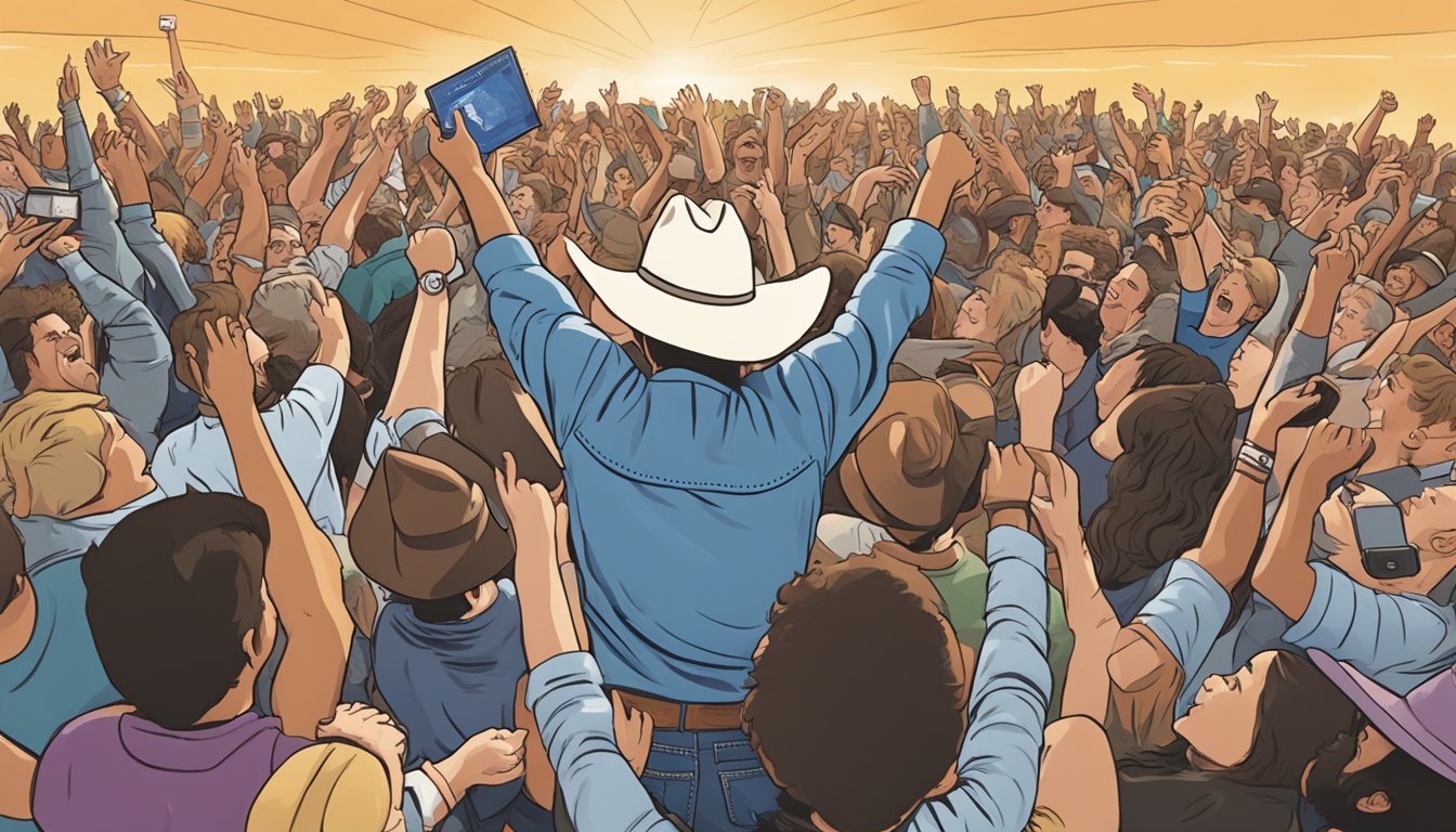 A crowd cheers as a George Strait CD is held up, surrounded by excited fans