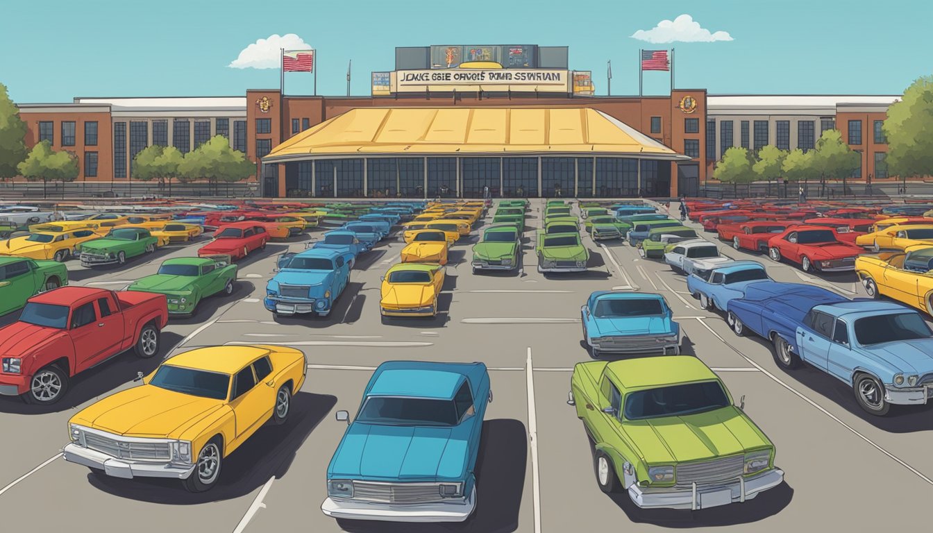 Cars parked in rows near Jack Trice Stadium, with the stadium in the background and a sign indicating parking for the George Strait concert