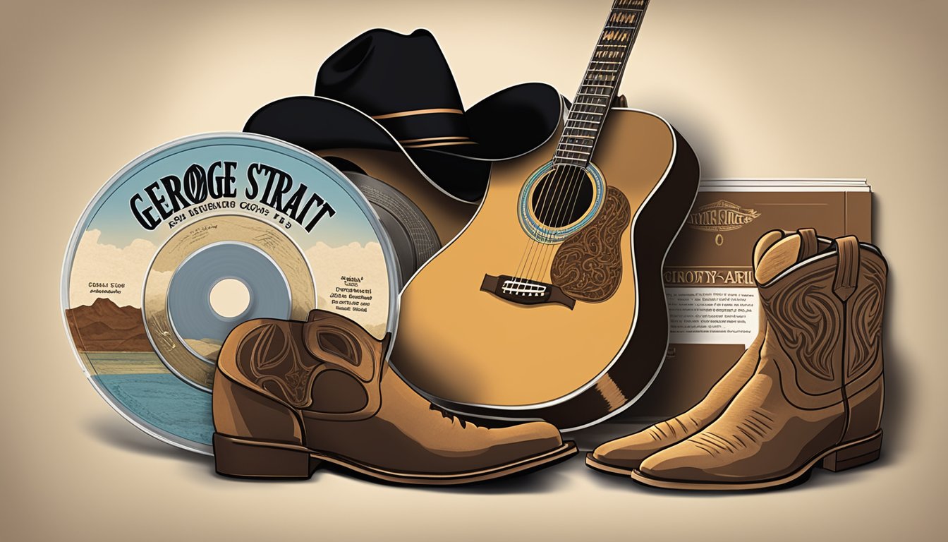 A vintage George Strait CD surrounded by cowboy boots and a guitar