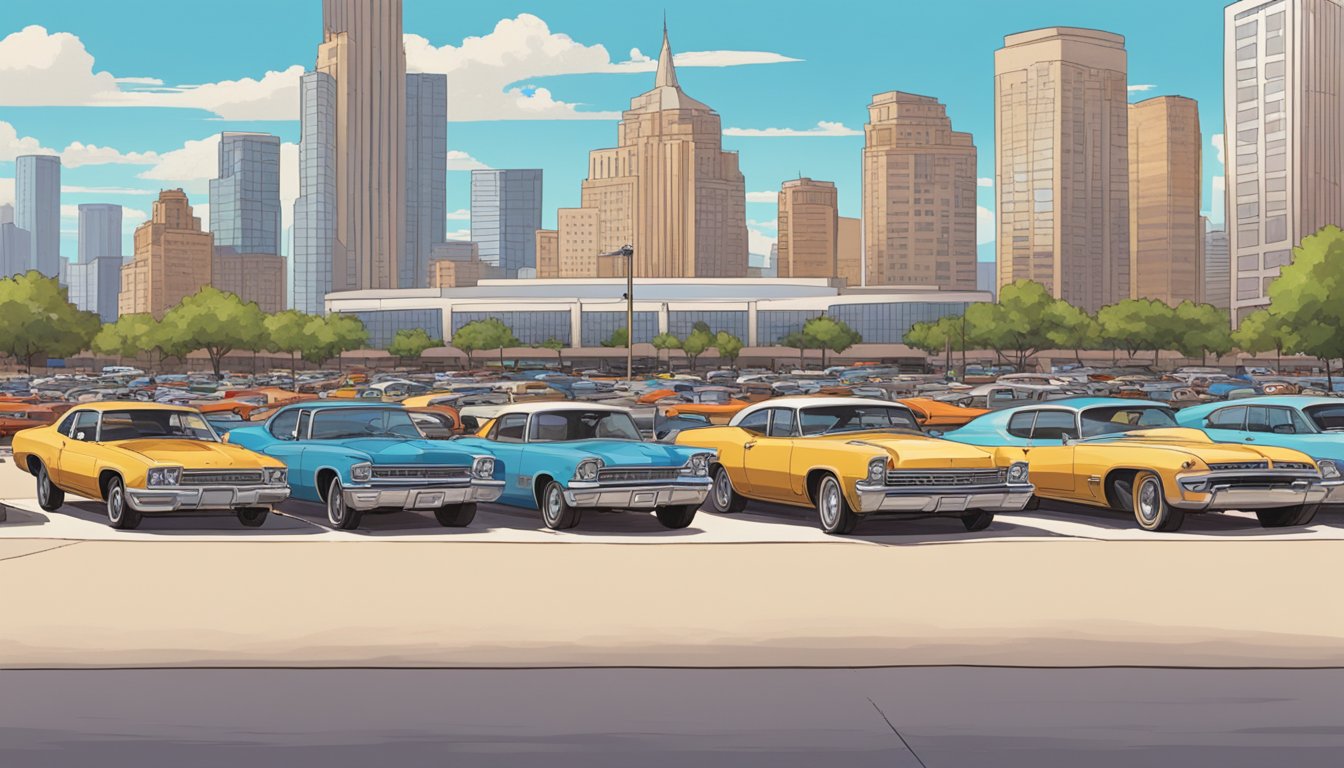 Cars line up in a sprawling parking lot, with towering buildings in the background. A sign for the George Strait concert stands prominently in the distance