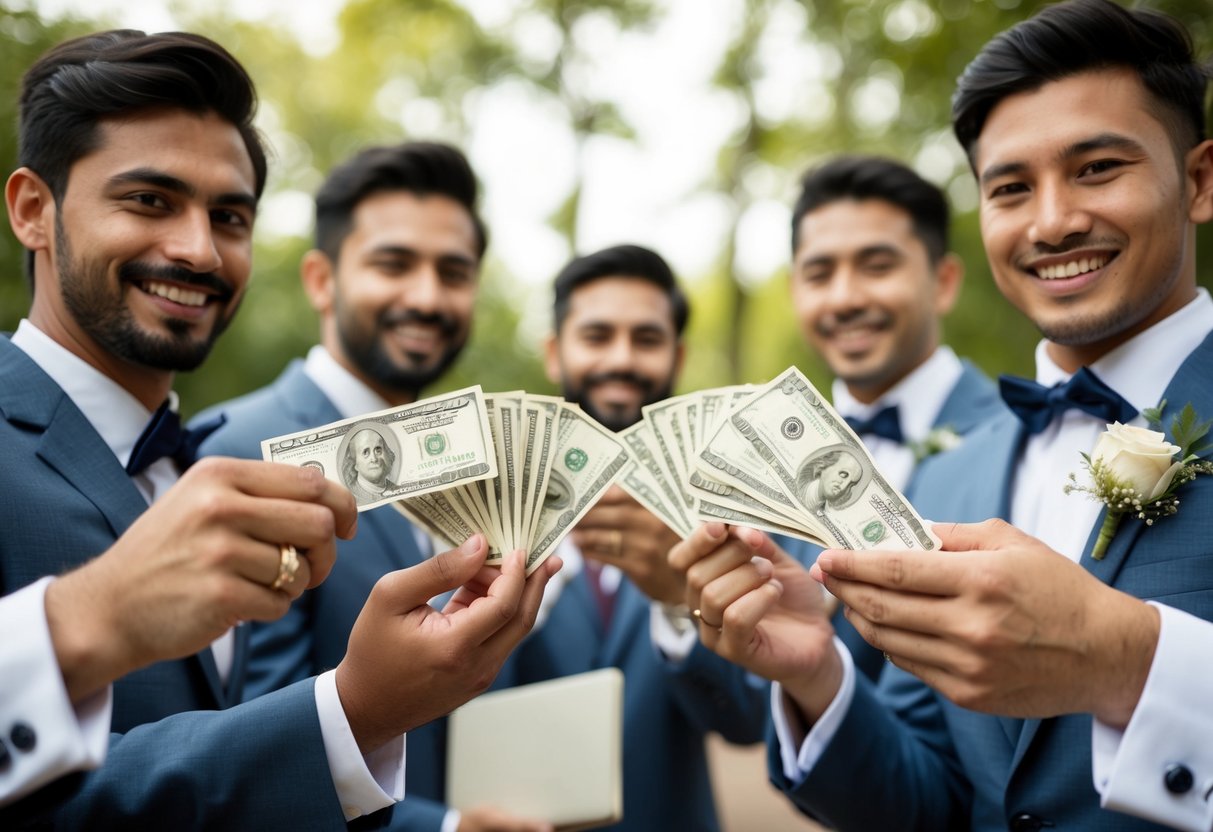 Groomsmen pooling money for wedding expenses, including attire, travel, and accommodations