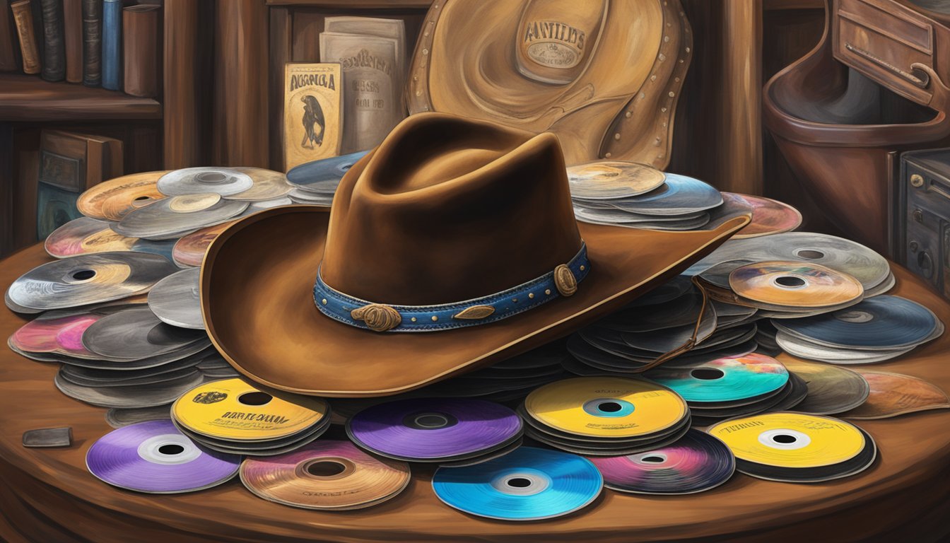 A cowboy hat resting on a worn leather saddle, surrounded by a collection of country music CDs