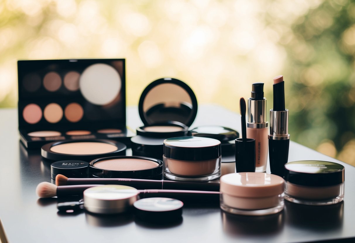 A table with various makeup products arranged neatly, with a soft, natural light illuminating the scene