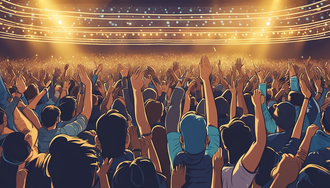 A crowded concert venue with stage lights shining on a performer and a sea of enthusiastic fans waving their arms in the air