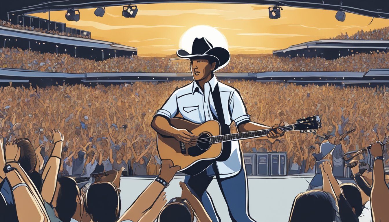 George Strait performing on stage in Jacksonville, surrounded by cheering fans and a band playing in the background