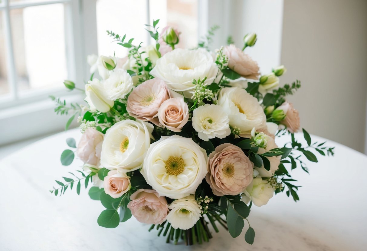 A bouquet of elegant white and blush flowers arranged in a tasteful and sophisticated manner, suitable for the mother of the bride