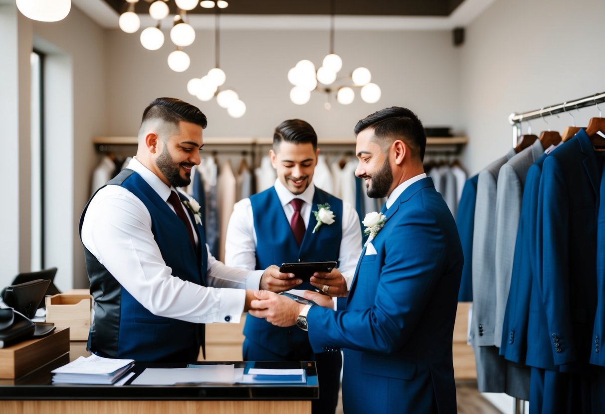Groomsmen paying for attire at a formal wear shop