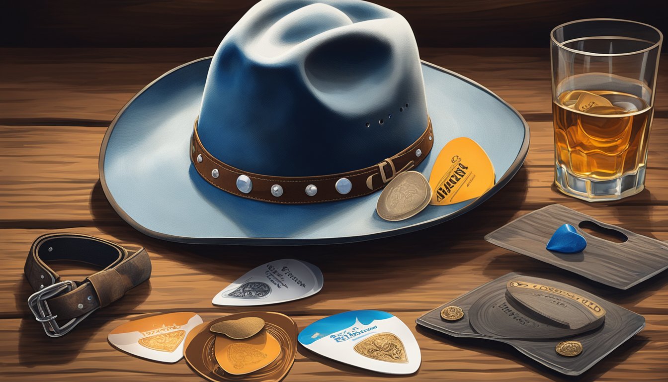 A cowboy hat rests on top of a worn-out Whiskey George Strait CD, surrounded by a few scattered guitar picks and a shot glass