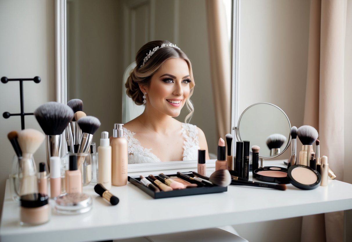 A bride's makeup table with various products and brushes laid out, a mirror reflecting her glowing face, and a soft, natural color palette for a timeless wedding look
