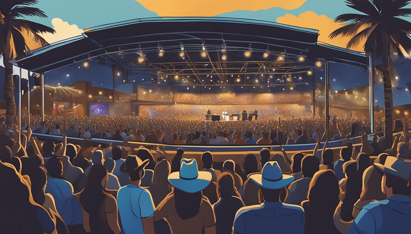 A country music concert at Local Touch in Jacksonville, with a stage, crowd, and a performance by George Strait