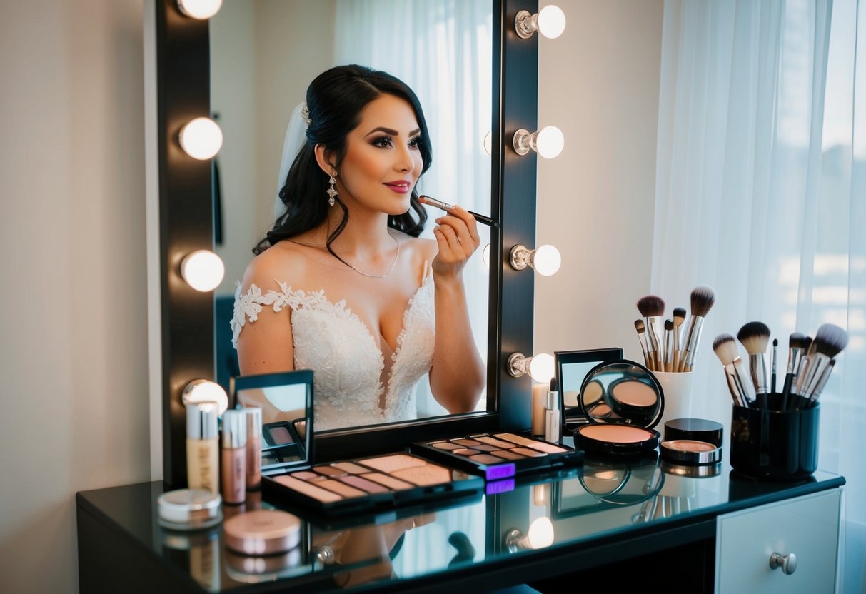 A bride sits at her vanity, surrounded by various makeup products and brushes. She carefully selects the perfect shades for her wedding day look, considering factors such as skin tone and lighting
