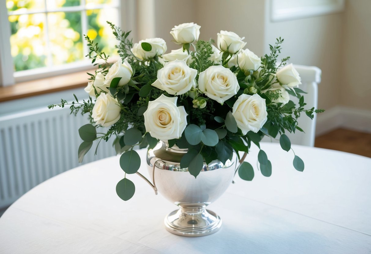 A delicate bouquet of white roses and greenery, carefully arranged in a silver vase, sits on a table in a sunlit room