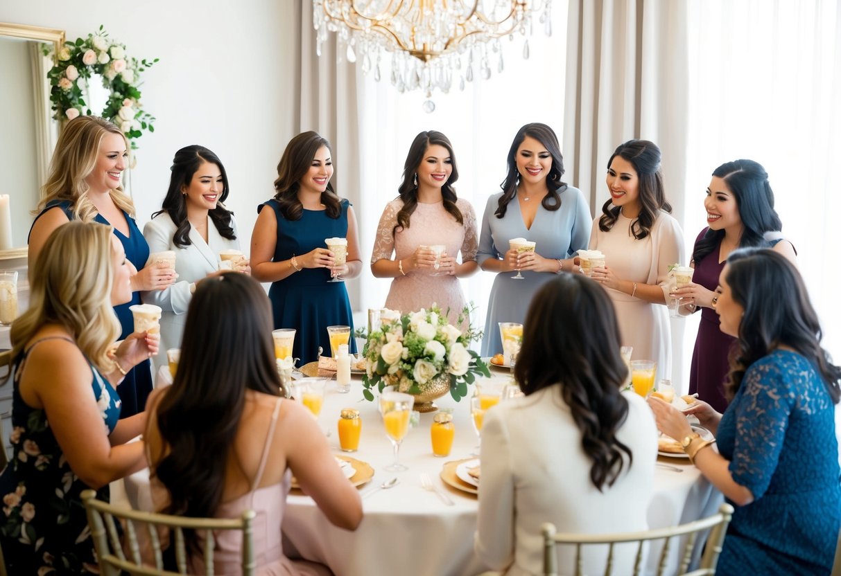 A group of women gather around a table set with elegant decorations and refreshments for a bridal shower