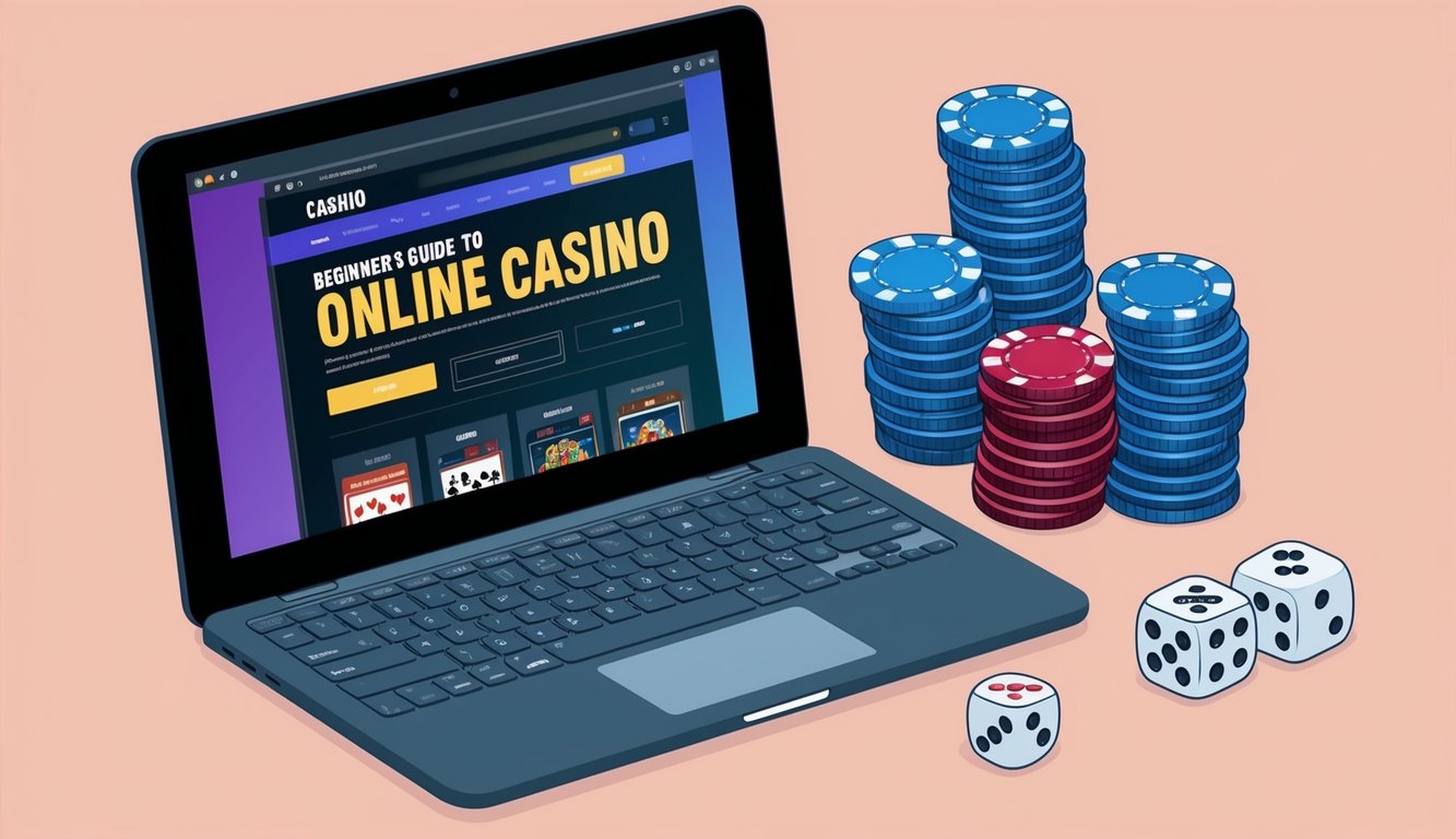 Panduan pemula untuk permainan kasino online, menampilkan laptop dengan situs web kasino terbuka, dikelilingi oleh tumpukan chip poker dan sepasang dadu