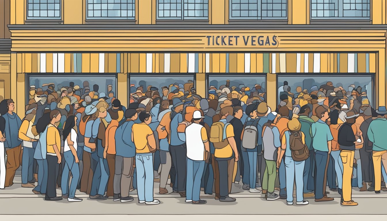 A crowded line of fans outside a ticket booth, eagerly waiting to purchase presale tickets for the "Strait to Vegas" and Stadium Tours featuring George Strait