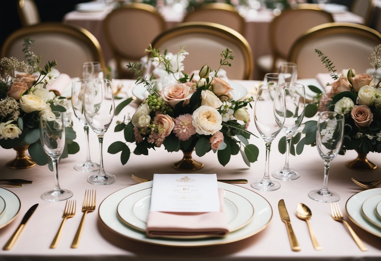 A table set with elegant place settings, surrounded by floral centerpieces and delicate decorations