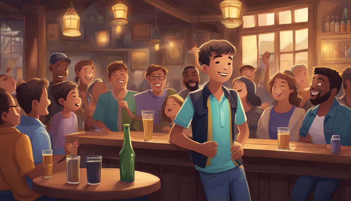 A young boy singing in a small town bar, surrounded by supportive friends and family