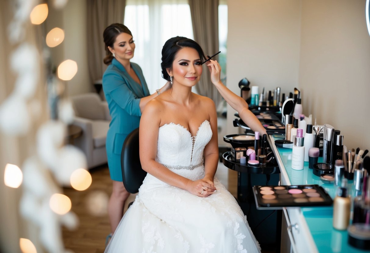A bride sits in a makeup chair, surrounded by various cosmetic products and tools. A makeup artist carefully applies bridal makeup, creating a flawless and elegant look