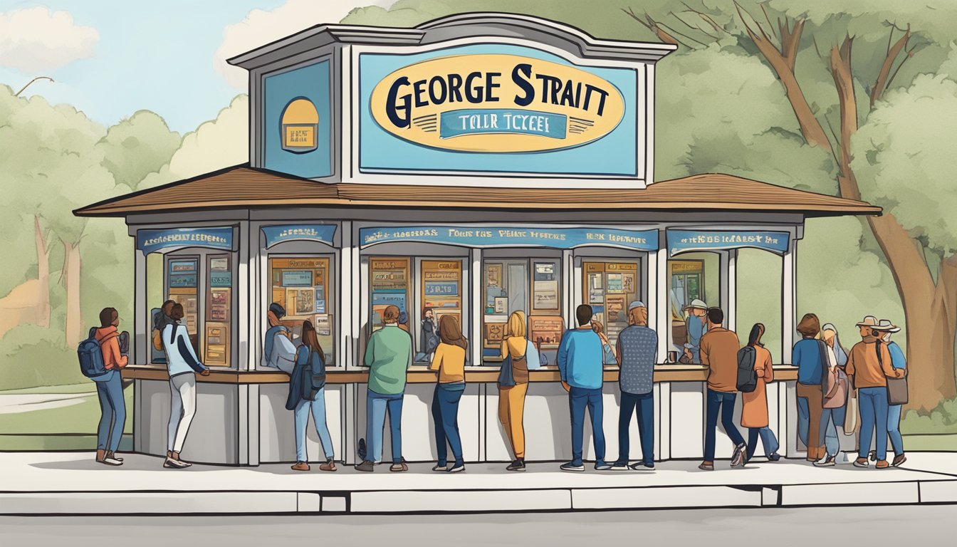 A line of people outside a ticket booth, with a sign advertising "Tour Locations and Notable Venues presale tickets for George Strait"