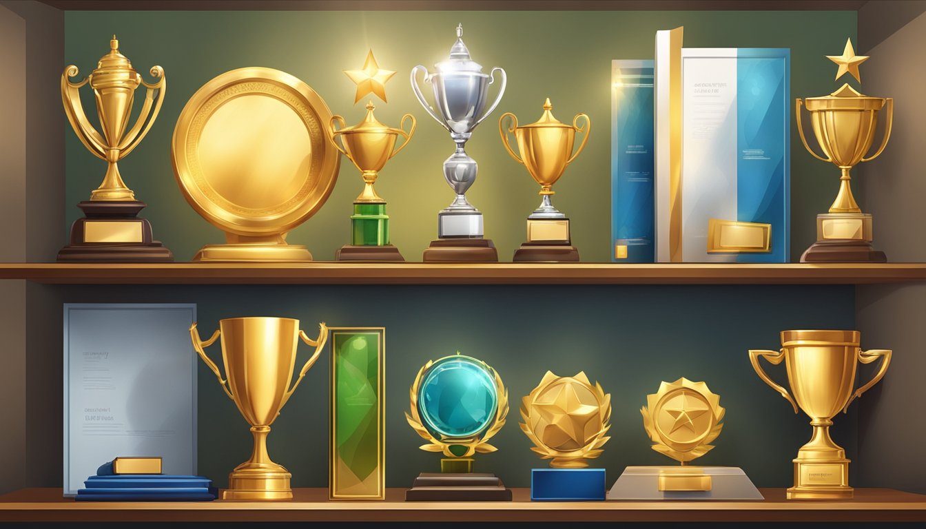 A spotlight shines on a collection of awards, trophies, and accolades displayed on a shelf