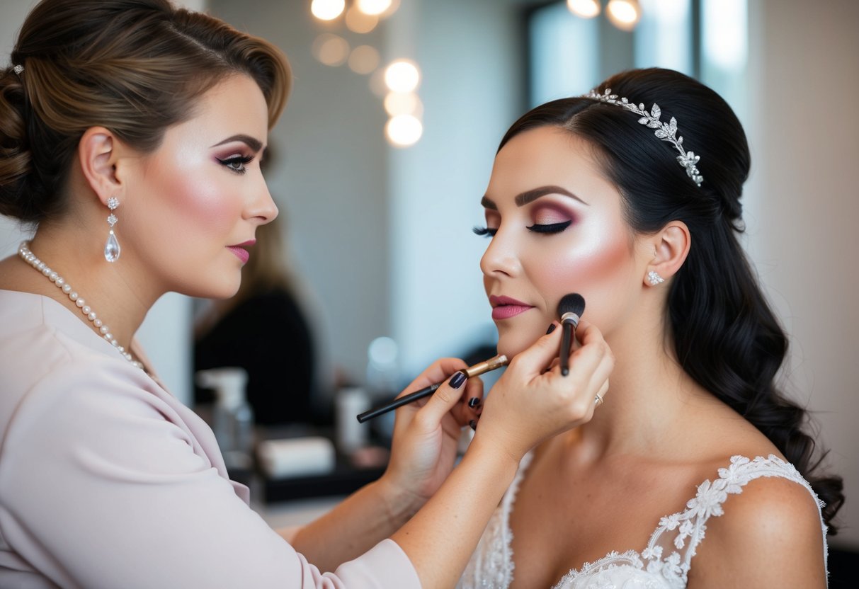 A makeup artist applies bridal makeup with soft, romantic colors. Professional makeup features bold, defined features for a more dramatic look