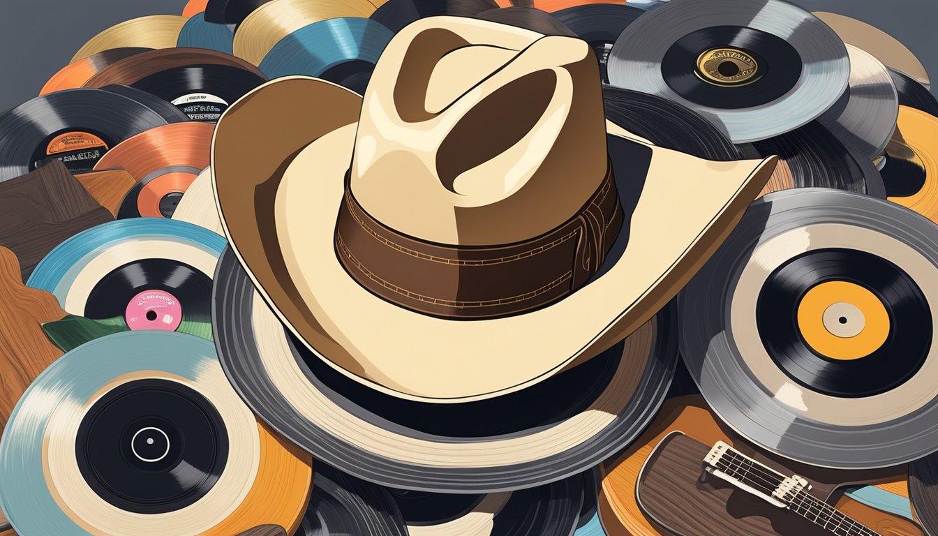 A cowboy hat and guitar surrounded by vinyl records, symbolizing George Strait's iconic country music career