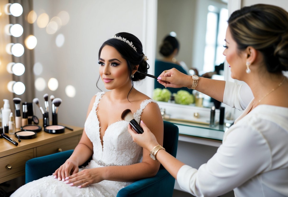 A bride sits in a chair, surrounded by makeup products and brushes. A makeup artist carefully applies bridal makeup, creating a flawless and elegant look