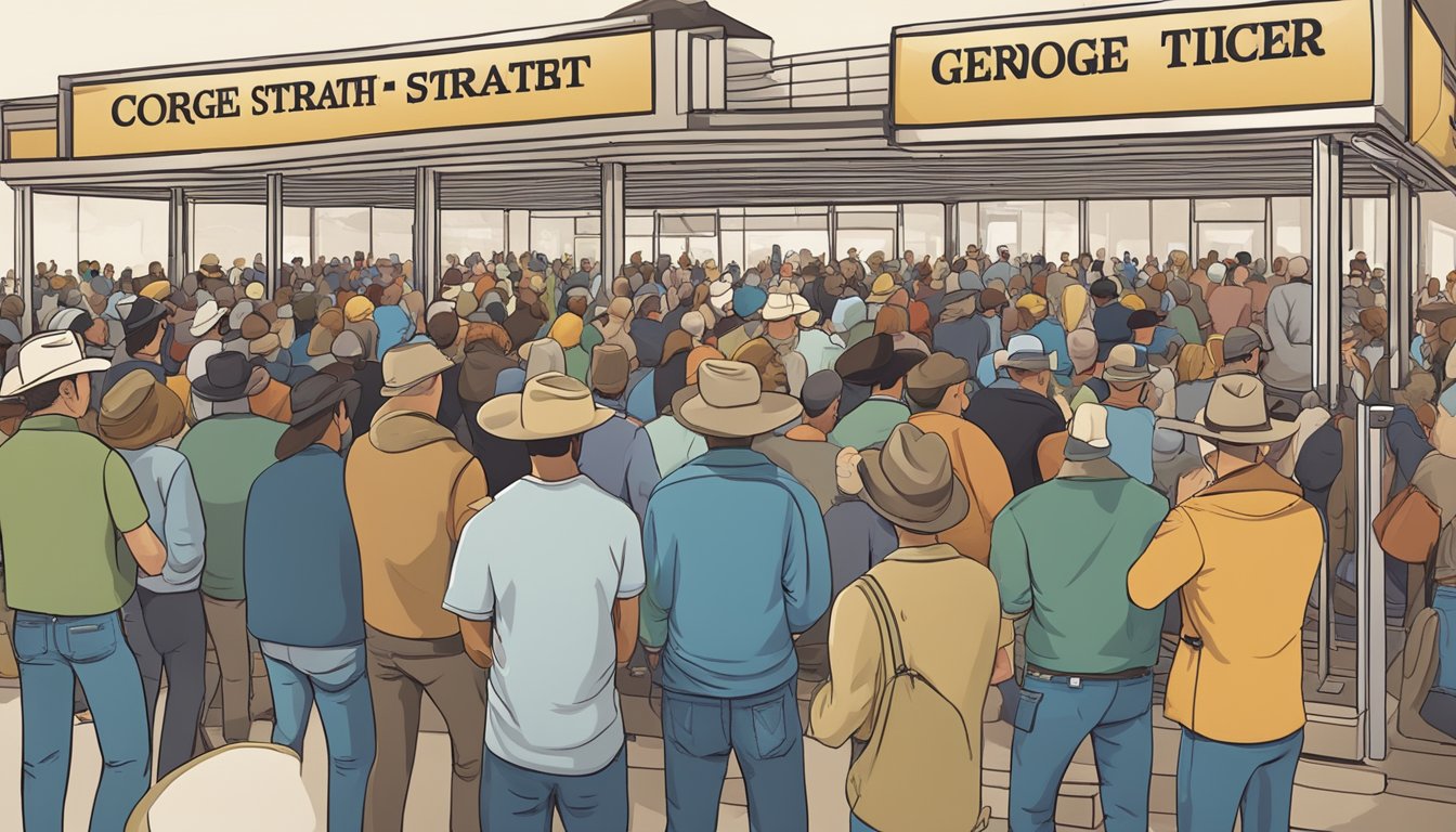 A crowd gathers outside a ticket booth, eagerly waiting to purchase presale tickets for George Strait's upcoming concert. Banners and signs announce the special announcements and upcoming events