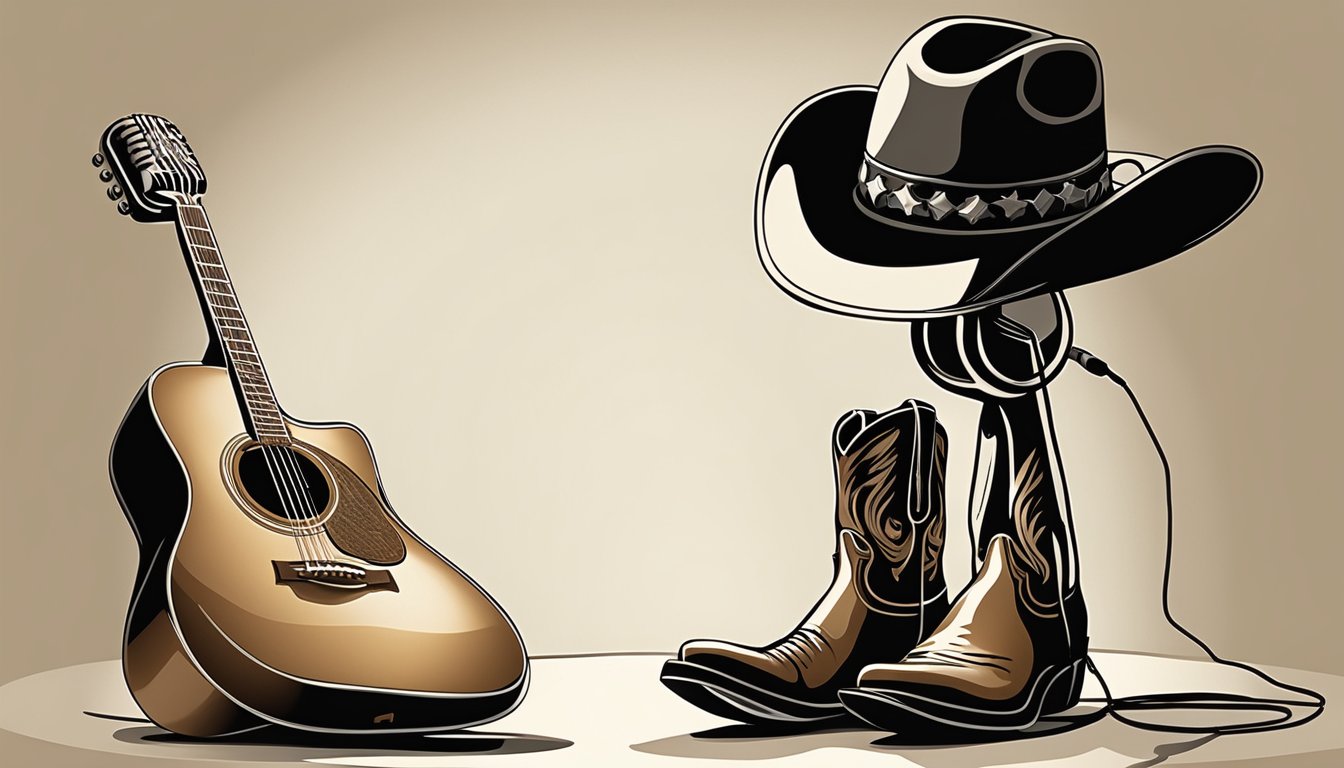 A cowboy hat on a microphone stand in a spotlight, surrounded by a guitar and cowboy boots