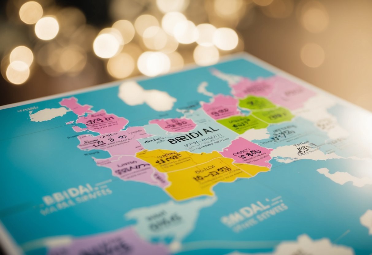 A map with different regions highlighted, each with varying price tags for bridal makeup services