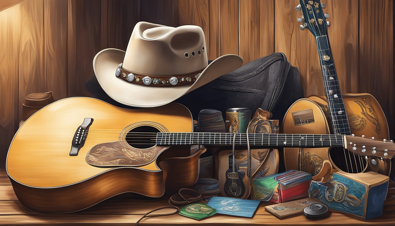 A cowboy hat resting on a guitar next to a microphone, surrounded by country music memorabilia