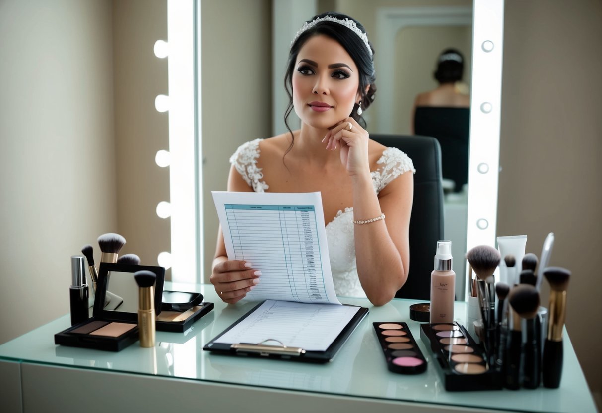 A bride sits at a vanity, surrounded by makeup products. She holds a budget spreadsheet and looks contemplative