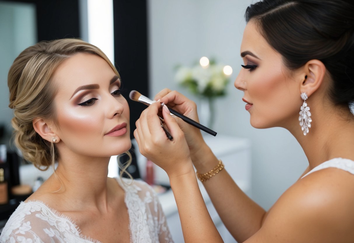 A makeup artist applies bridal makeup with soft, natural tones and a focus on enhancing features, while regular makeup features bolder colors and a variety of styles